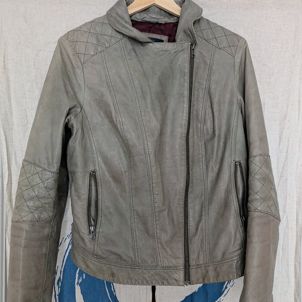 Grey leather moto / motorcycle jacket